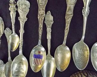 MANY STERLING SILVER ANTIQUE AND VINTAGE ENGRAVED SOUVENIR SPOONS