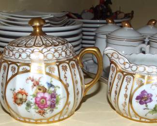 BAVARIAN BEAUTIFUL GILT GOLD PAINTED FLOWER PORCELAIN SUGAR AND CREAMER