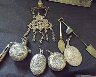 EXQUISITE AND RARE STERLING SILVER CHATELAINE WITH 7 ATTACHMENTS INCLUDING SNUFF BOX