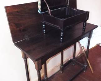 ANTIQUE MAHOGANY FLIP TOP TABLE WITH FRAMED BASE
VINTAGE UPHOLSTERED HINGED BOX