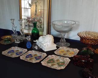 ROYAL BAVARIAN SCHUMANN DRESDEN PLATES, GODINGER DOLPHIN CANDLEHOLDERS AND 1940’S EAPG ZIPPER EDGE ETCHED LARGE COMPOTE BOWL