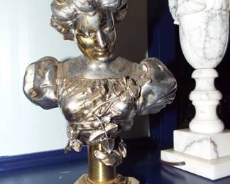 SILVERY PLATED VICTORIAN LADY BUST ON MARBLE STAND
