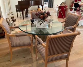 Glass table top/ Urn pedestal base and 4 lovely regency chairs.