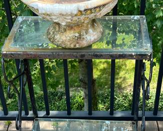 Antique iron with glass shelf, very rustic! Cool large pottery bowl