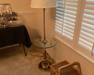 Brass table lamp, picnic basket