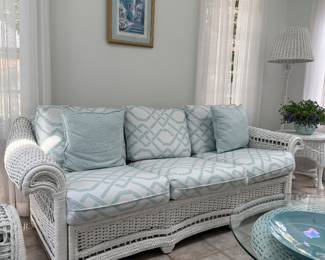 White Sunbrella Upholstered Wicker 3 Seat Sofa (36"D x 84"W x 29-1/2" Back Height)