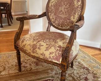 Ethan Allen Cherub & Floral Upholstered Motif with Carved Mahogany Armchair (25-1/2"W x 28"D x 39" Back Height / 2 available)