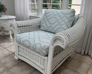 White Sunbrella Upholstered Wicker Armchair (36"D x 39"W x 29-1/2" Back Height)