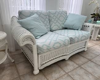 White Sunbrella Upholstered Wicker Loveseat (36"D x 62"W x 29-1/2" Back Height)