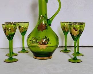 Romanian Green Glass Decanter and Glasses