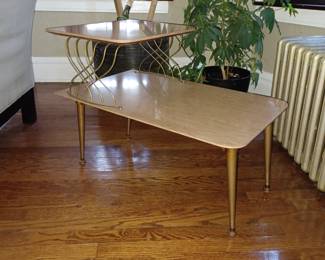 Pair of 2-tier MCM laminate top side tables with brass supports and metal legs