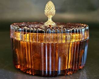 Vintage Amber Divided Candy Dish w/ Acorn Finial