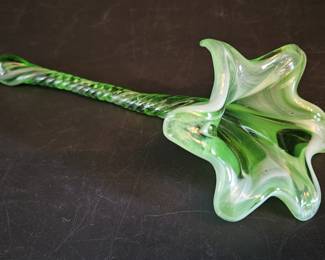 Blown Art Glass Green & White Flower