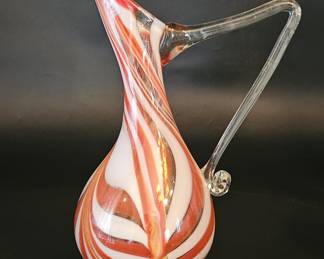 Blown Art Glass Red & White Stripe Pitcher, Mexico