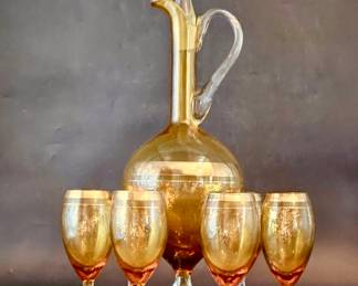 7-Amber w/ Gold Italian Art Glass Decanter Set