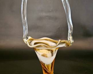 Blown Art Glass Amber & White Swirl Basket, Mexico