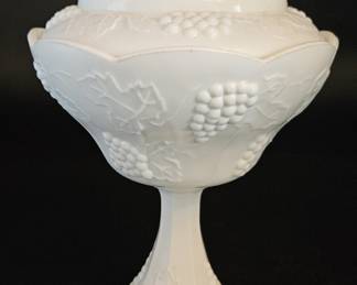 Vtg. Milk Glass Harvest Fruit Lidded Pedestal Bowl