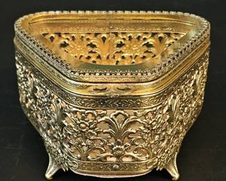 Vintage Gilt Gold Filigree Trinket Dish w/ Lid