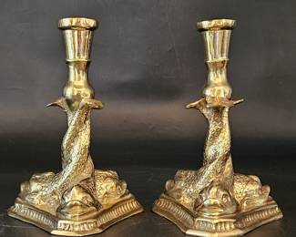 2- Heavy Brass 9in Candlesticks w/ Fish