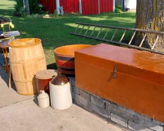 chest, barrel, crocks, ladder, Coke cooler, wrought iron bench