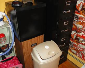 File cabinet, mini fridge