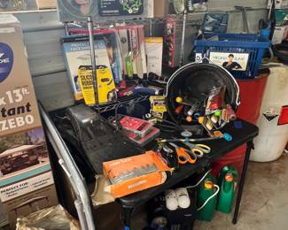 Garden hand tools, garden hose attachments, patio lights, weed b gone, flippers