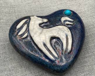Raku pottery horse with turquoise