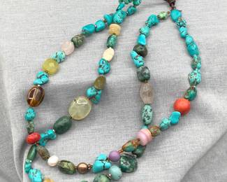 Mixed Semiprecious Stones Beaded Necklace With Turquoise And Sterling Silver With Leather Clasp
