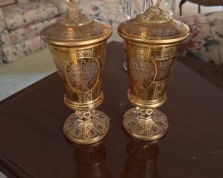 Bohemian Amber Glass covered Glass Jars