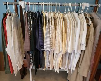 men's shirts (L), men's London Fog trench coat (44L), ladies Fleet Street trench coat (size 10)