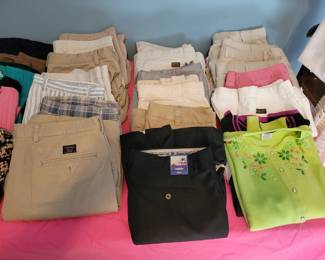ladies and men's shorts, ladies sweaters