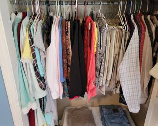 ladies bathrobes, ladies blouses, men's slacks (38x40) and men's dress shirts