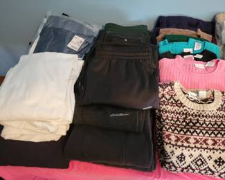 men's turtle necks, men's sweat pants and ladies sweaters
