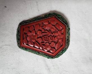 antique Chinese cinnabar and enamel brooch