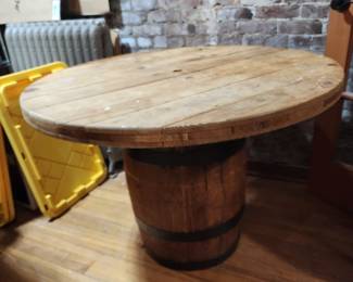 LARGE BARREL TABLE WITH THICK WOOD TOP