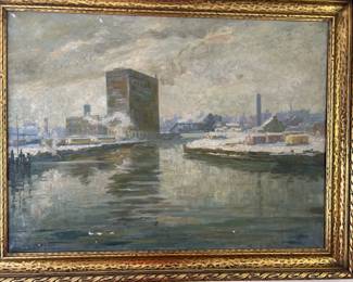 Jess Hobby Coastal Town Scene. Rare industrial painting by the Illinois artist. Minimum selling price $2000. Bids accepted. Size: 39 1/2" wide x 30 1/2" high in the frame.