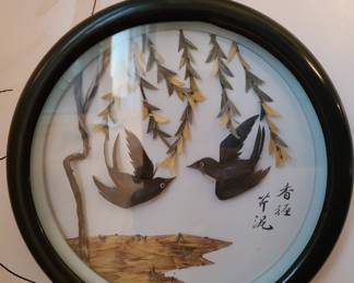 Vintage Asian Round Shadow Box Birds Feathers Wall Art