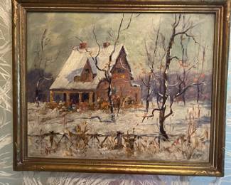 Rare snow scene by Jess Hobby of Illinois. Framed size: 18 1/2 " H x 22" wide