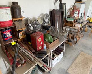 Antique levels, cans, fans, wooden trim and architectural stuff.