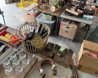 Walking sprinklers, horseshoes, tools.