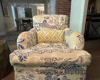 PR OF SWIVEL ARMCHAIRS CUSTOM UPHOLSTERED WITH CHINOISERIE FABRIC