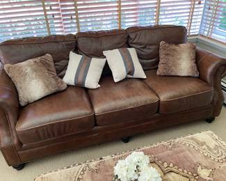 LEATHER SOFA WITH BRASS NAIL HEAD TRIM -87"W X 32"D X 28"H-