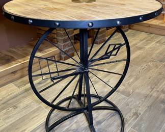 WROUGHT IRON WOOD TOP CYCLE TABLE