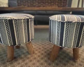 PR OF BLACK AND WHITE FABRIC UPHOLSTERED 3 LEGGED STOOLS