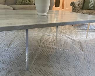MARBLE TOP DBL ACRYLIC PEDESTAL COFFEE TABLE -48"W X 36"D X 19"H-