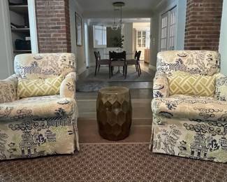 PR OF SWIVEL ARMCHAIRS CUSTOM UPHOLSTERED WITH CHINOISERIE FABRIC