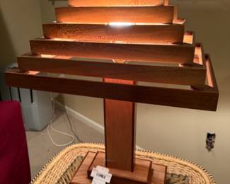 Mid Century Arts & Crafts Style Wood Lamp, Rattan Table
