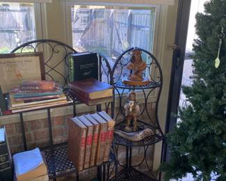 metal shelves, native american indian statues