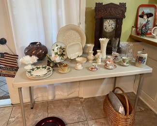Belleek, lenox, milkglass lace bowl, raku pottery, antique mantle clock