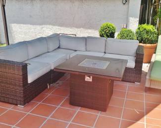 Resin "Wicker" Sectional Sofa; Resin "Wicker" Fire Pit with Granite Top